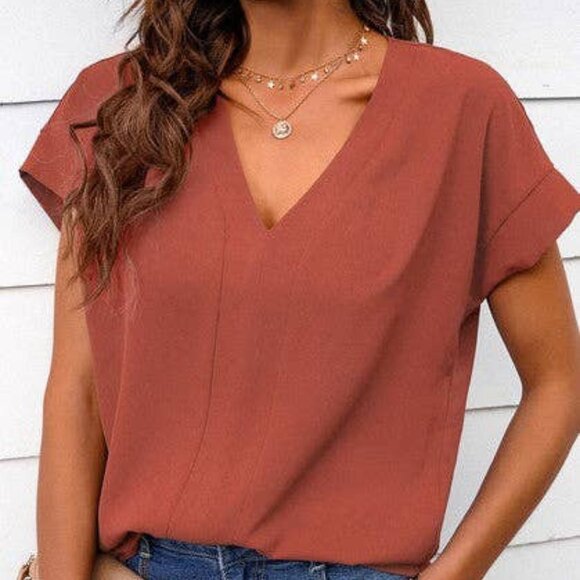 NWT V‑Neck Short Bat Sleeve Loose Top Rust Casual Women’s Blouse XLarge - Picture 1 of 3
